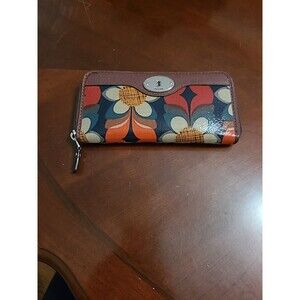 Fossil Key-Per Wallet, Zip Clutch Floral Art, Brown 8” X 4"